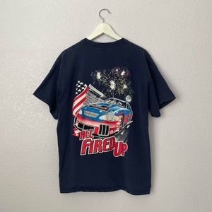 nascar “all fired up” navy blue race car graphic short sleeve crewneck t-shirt